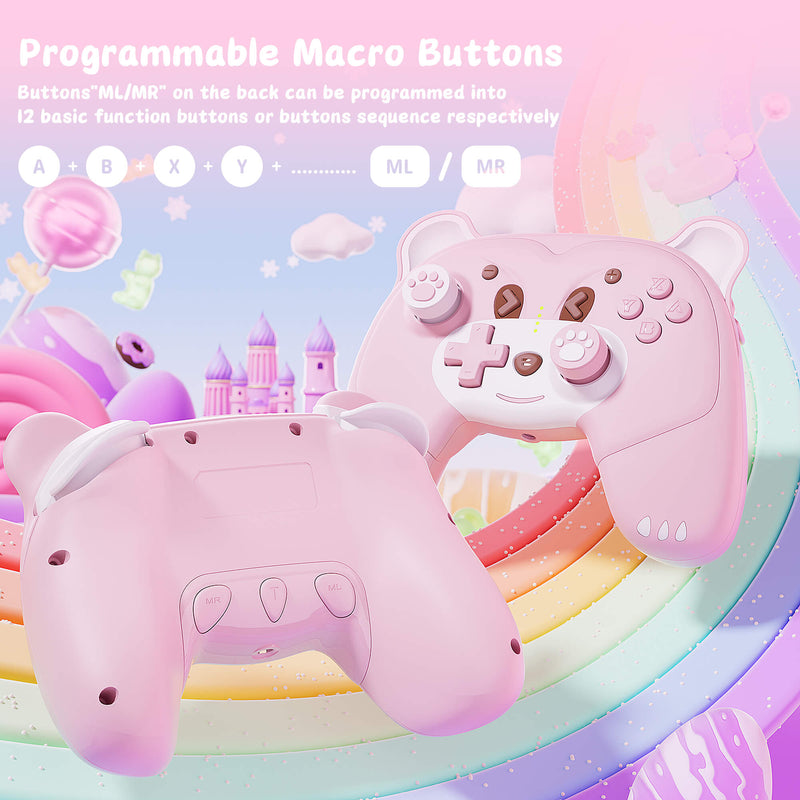 Mytrix Berry Pink Bear Wireless Switch Pro Controller with Macro Definition for Nintendo Switch, the Newest Switch OLED, and Switch Lite