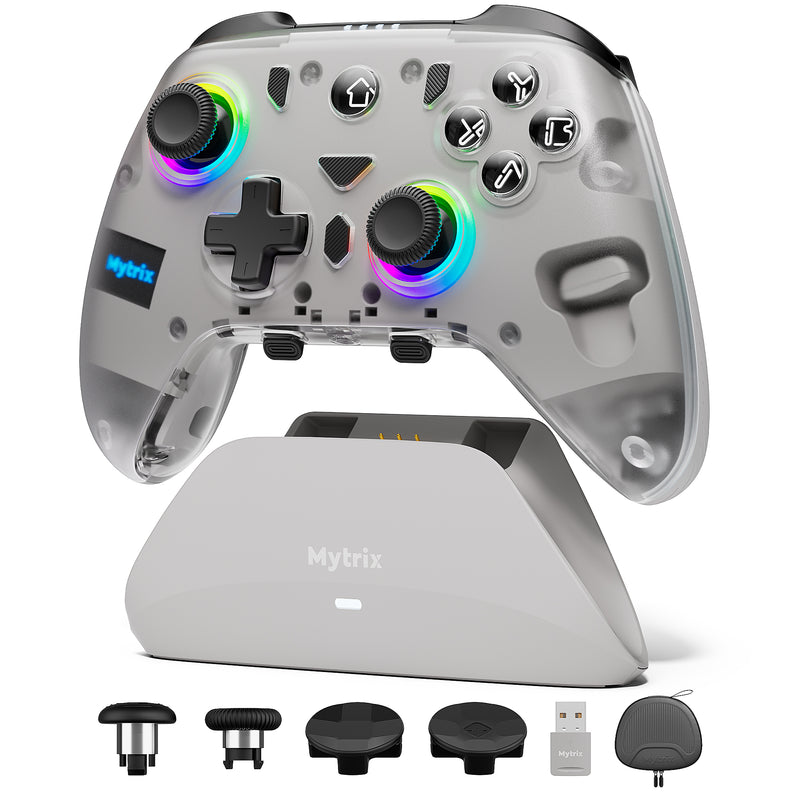 Mytrix Crystalarc Pro Wireless PC Controller with Charging Dock - Bluetooth & 2.4G, Hall Effect Joysticks, 2-in-1 Triggers, 1000Hz Report Rate, 4 Macro Keys, ABXY Micro Switch