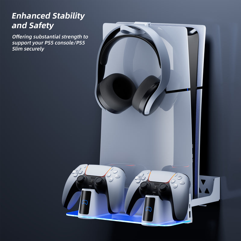 PS5 Wall Mount Kit with Charging Station, Compatible with PS5 Disc & Digital Version, Dual Use Charging Station with Multi-Mode RGB Light