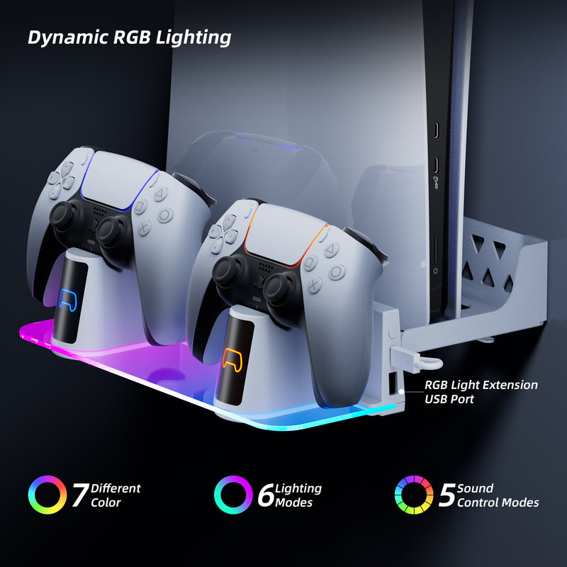 PS5 Wall Mount Kit with Charging Station, Compatible with PS5 Disc & Digital Version, Dual Use Charging Station with Multi-Mode RGB Light
