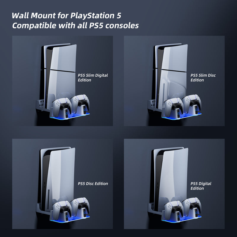 PS5 Wall Mount Kit with Charging Station, Compatible with PS5 Disc & Digital Version, Dual Use Charging Station with Multi-Mode RGB Light
