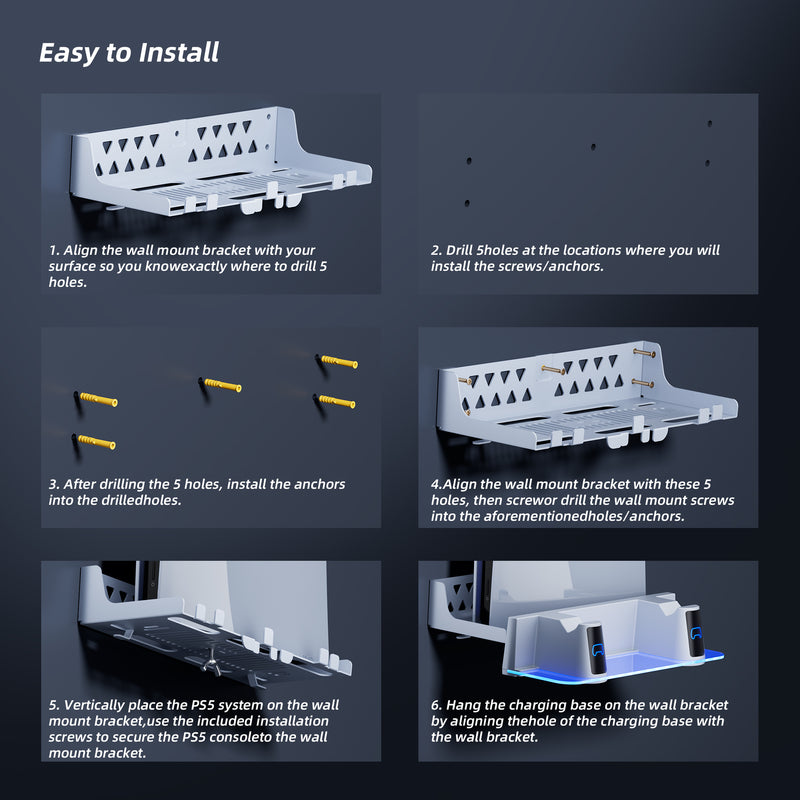 PS5 Wall Mount Kit with Charging Station, Compatible with PS5 Disc & Digital Version, Dual Use Charging Station with Multi-Mode RGB Light