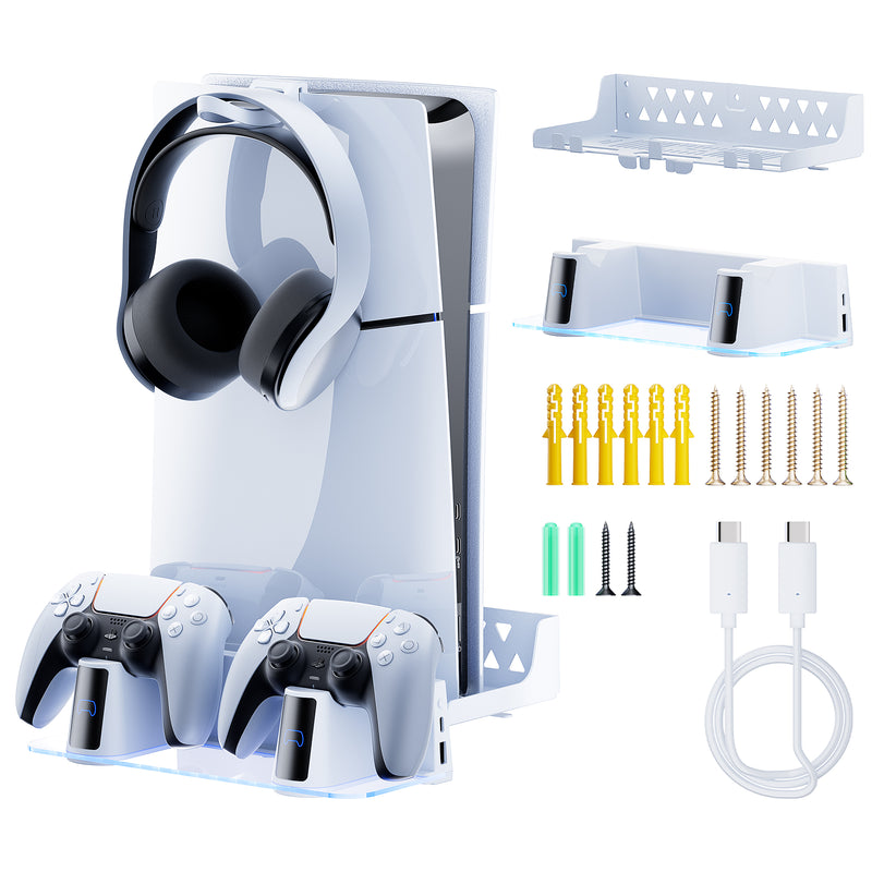 PS5 Wall Mount Kit with Charging Station, Compatible with PS5 Disc & Digital Version, Dual Use Charging Station with Multi-Mode RGB Light