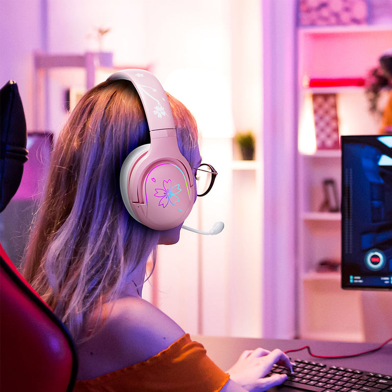 Mytrix Sakura Pink RGB Gaming Headset - Cherry Blossom RGB Gradient Light,  360 Rotation Mic with In-Line Control