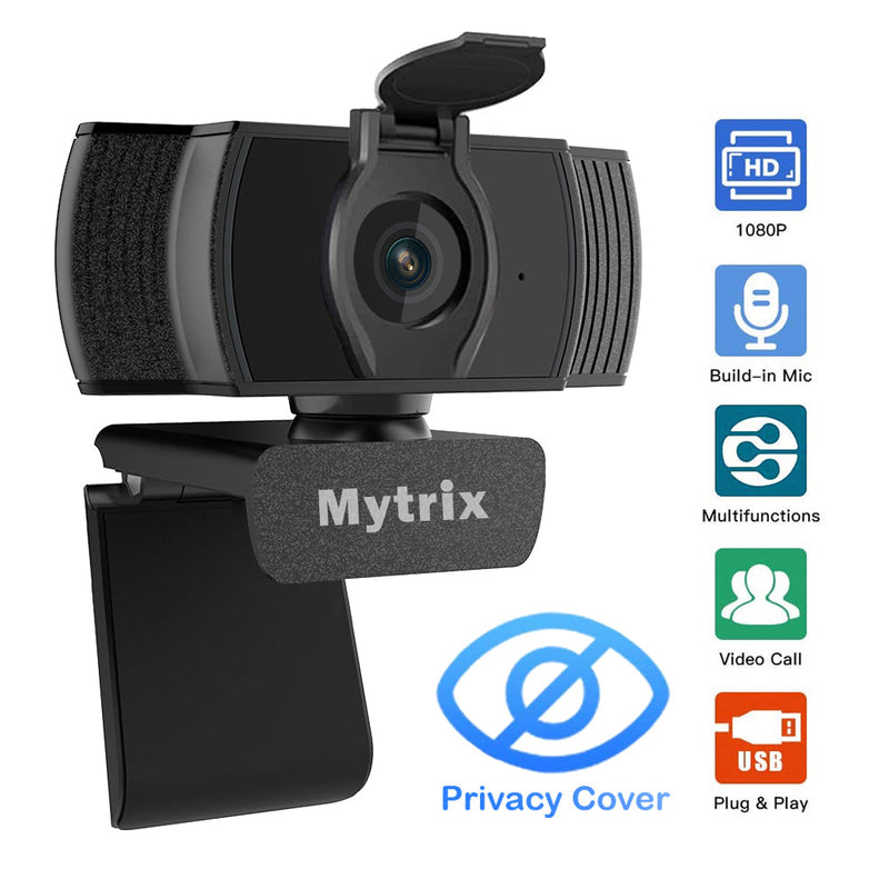Mytrix Auto Focus Full HD 1080P Webcam with Privacy Cover, Built-in Noise Cancelling Mic, USB Webcam for Windows Mac PC Laptop Desktop Video Calling Conferencing Streaming, Skype Zoom Facebook YouTube Black