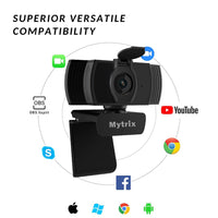 Mytrix Auto Focus Full HD 1080P Webcam with Privacy Cover, Built-in Noise Cancelling Mic, USB Webcam for Windows Mac PC Laptop Desktop Video Calling Conferencing Streaming, Skype Zoom Facebook YouTube Black