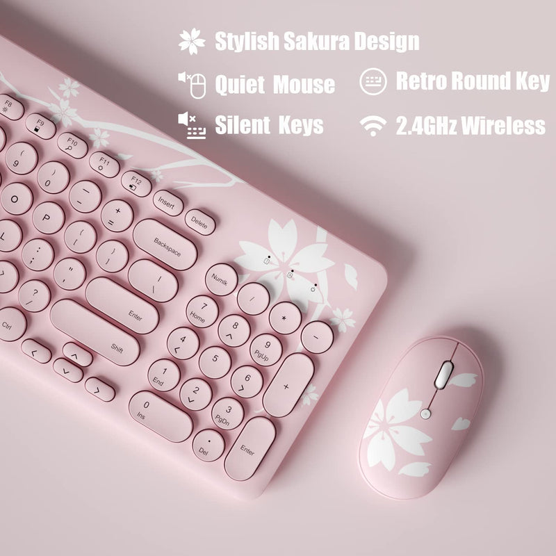 Mytrix Sakura Wireless Keyboard and Mouse Set, Cherry Pink Wireless Mouse and Keyboard Combo, Retro Type-Writer Keys, Silent 96-Key Keyboard