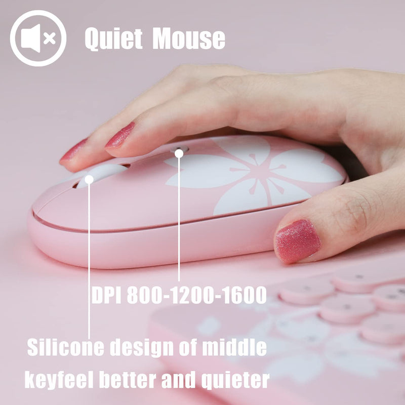Mytrix Sakura Wireless Keyboard and Mouse Set, Cherry Pink Wireless Mouse and Keyboard Combo, Retro Type-Writer Keys, Silent 96-Key Keyboard