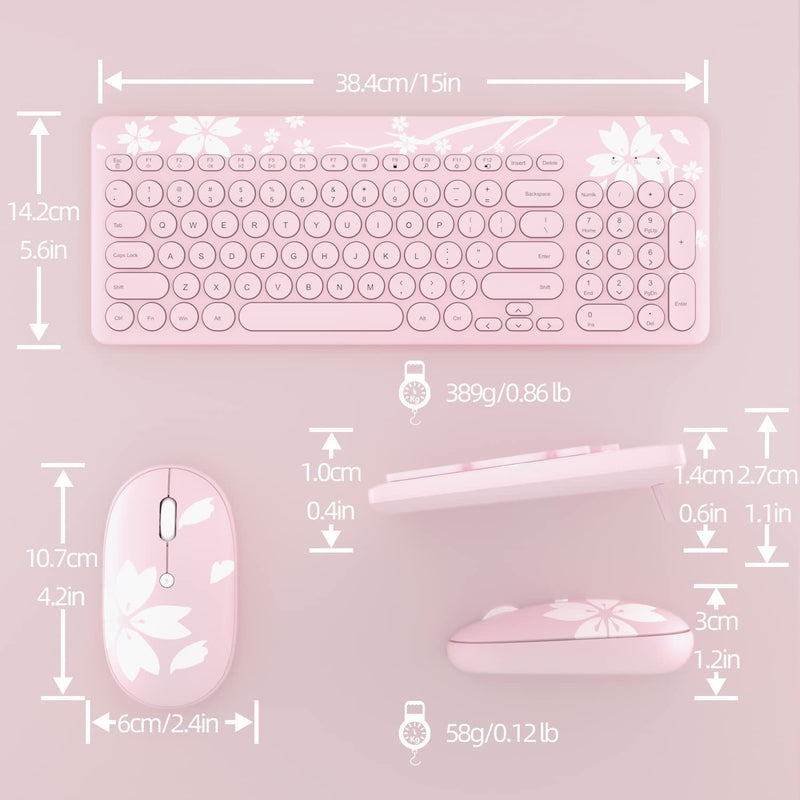 Mytrix Sakura Wireless Keyboard and Mouse Set, Cherry Pink Wireless Mouse and Keyboard Combo, Retro Type-Writer Keys, Silent 96-Key Keyboard