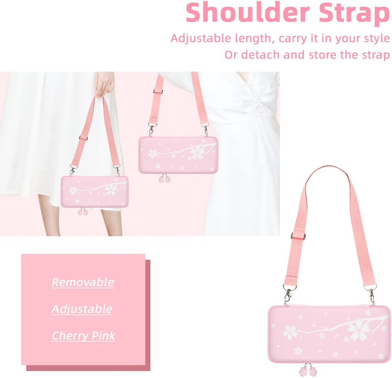 Mytrix Sakura Pink Carrying Case 4 in 1 Bundle for Nintendo Switch OLED, Skin Stickers, Screen Protector, 2 Joystick Caps