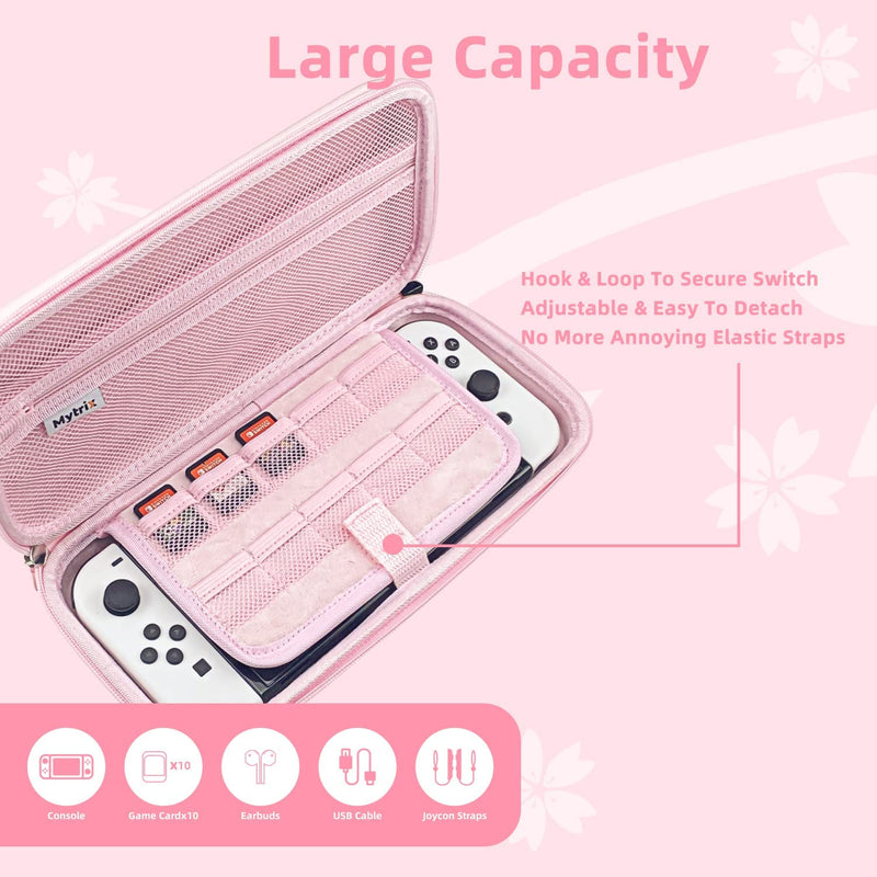 Mytrix Sakura Pink Carrying Case 4 in 1 Bundle for Nintendo Switch OLED, Skin Stickers, Screen Protector, 2 Joystick Caps