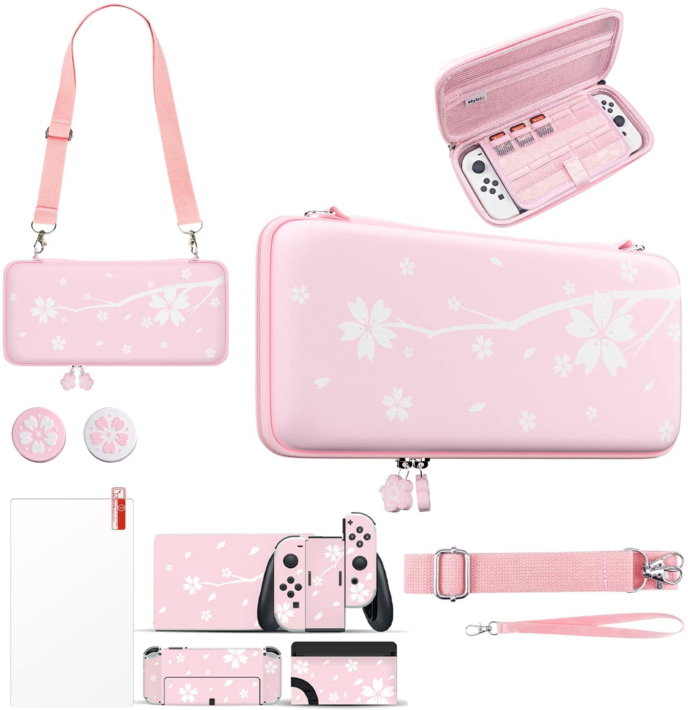 Mytrix Sakura Pink Carrying Case 4 in 1 Bundle for Nintendo Switch OLED,  Skin Stickers, Screen Protector, 2 Joystick Caps - Case & OLED Accessory