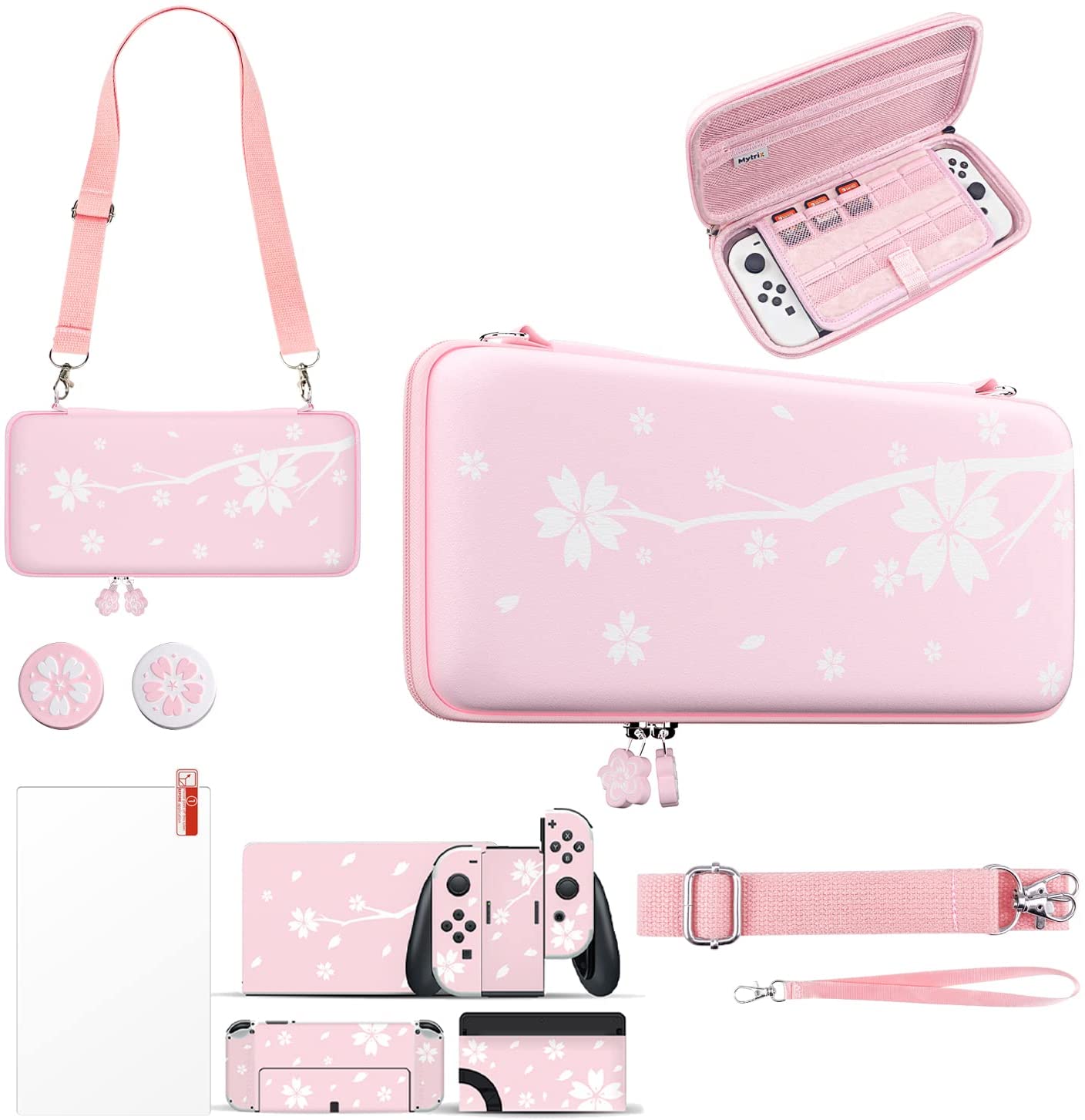 Mytrix Sakura Pink Carrying Case in Bundle for Nintendo Switch OLED, Skin Stickers, Screen Protector, Joystick Caps