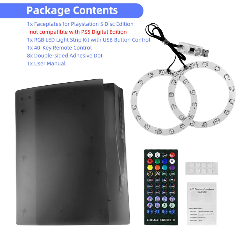 Mytrix 2-in-1 Translucent Black Faceplates for PS5 Disc Edition + RGB LED Light Strips Kit for PlayStation 5, LED Strip with Music Sync
