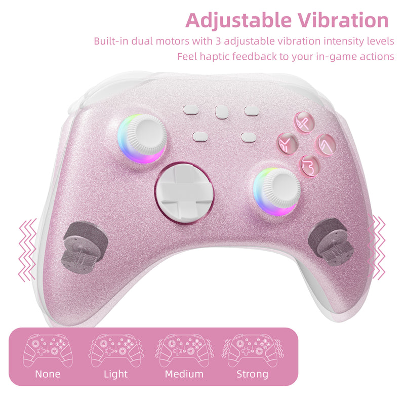 Mytrix Pink Glitter Gradient Wireless Pro RGB Controller with Programmable Back Buttons and Turbo, for Nintendo Switch, PC, Android & iOS