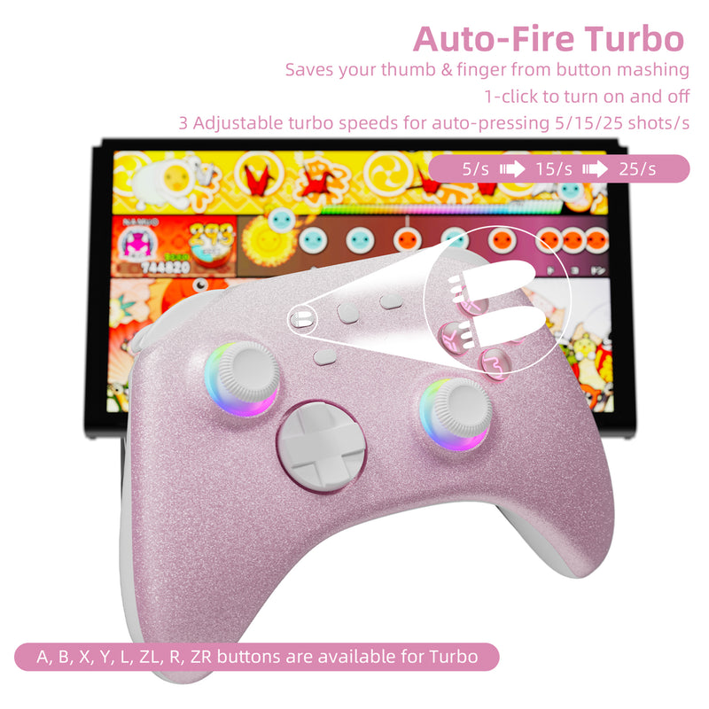 Mytrix Pink Glitter Gradient Wireless Pro RGB Controller with Programmable Back Buttons and Turbo, for Nintendo Switch, PC, Android & iOS