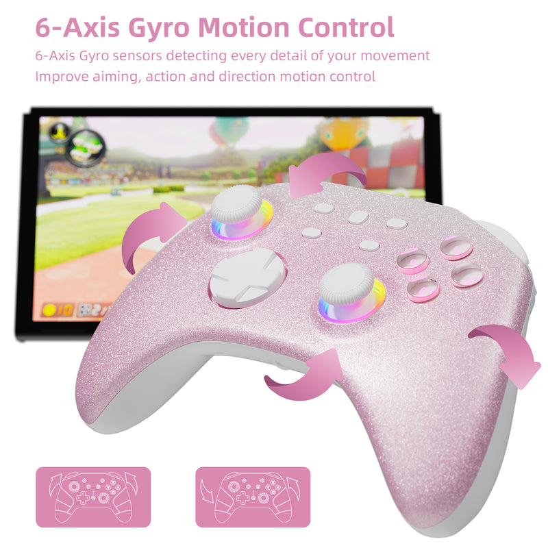 Mytrix Pink Glitter Gradient Wireless Pro RGB Controller with Programmable Back Buttons and Turbo, for Nintendo Switch, PC, Android & iOS