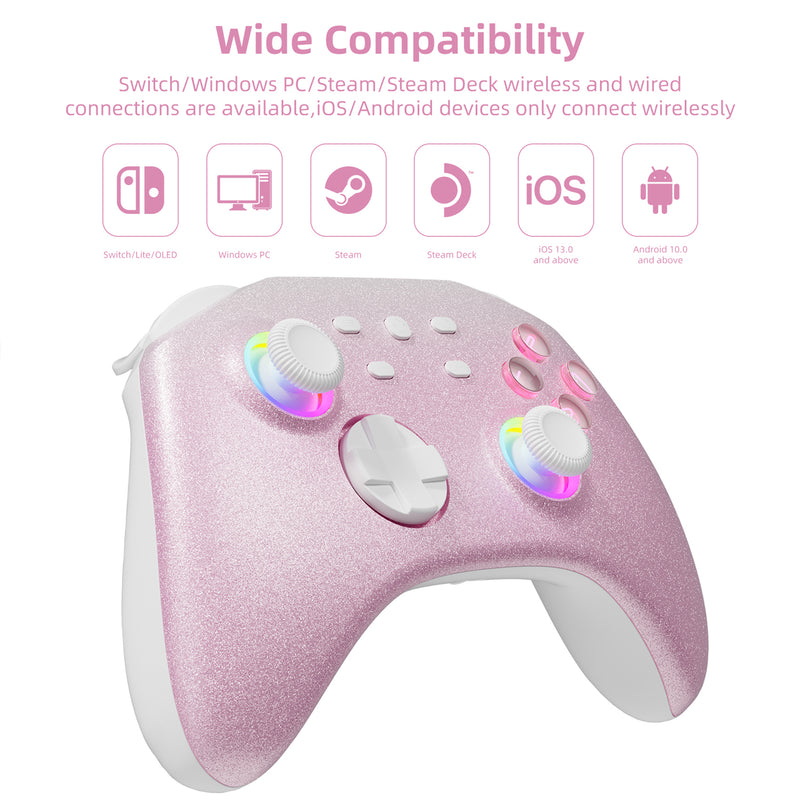 Mytrix Pink Glitter Gradient Wireless Pro RGB Controller with Programmable Back Buttons and Turbo, for Nintendo Switch, PC, Android & iOS