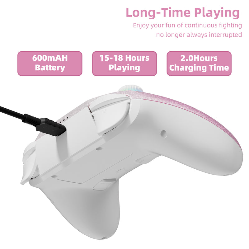 Mytrix Pink Glitter Gradient Wireless Pro RGB Controller with Programmable Back Buttons and Turbo, for Nintendo Switch, PC, Android & iOS