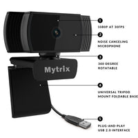 Mytrix AutoFocus Full HD 1080P Webcam, Built-in Noise Cancelling Mic, USB Webcam for Windows Mac PC Laptop Desktop Video Calling Recording Conferencing Streaming, Skype Zoom Facebook Youtube Black