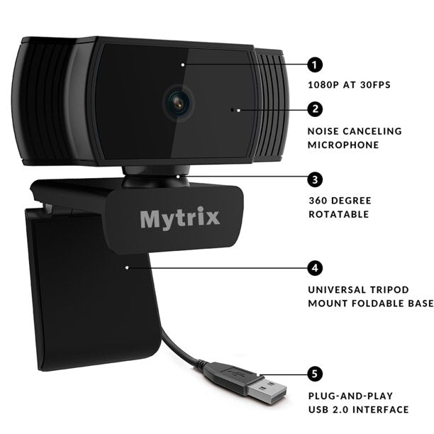 Mytrix AutoFocus Full HD 1080P Webcam, Built-in Noise Cancelling Mic, USB Webcam for Windows Mac PC Laptop Desktop Video Calling Recording Conferencing Streaming, Skype Zoom Facebook Youtube Black