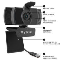 Mytrix Auto Focus Full HD 1080P Webcam with Privacy Cover, Built-in Noise Cancelling Mic, USB Webcam for Windows Mac PC Laptop Desktop Video Calling Conferencing Streaming, Skype Zoom Facebook YouTube Black