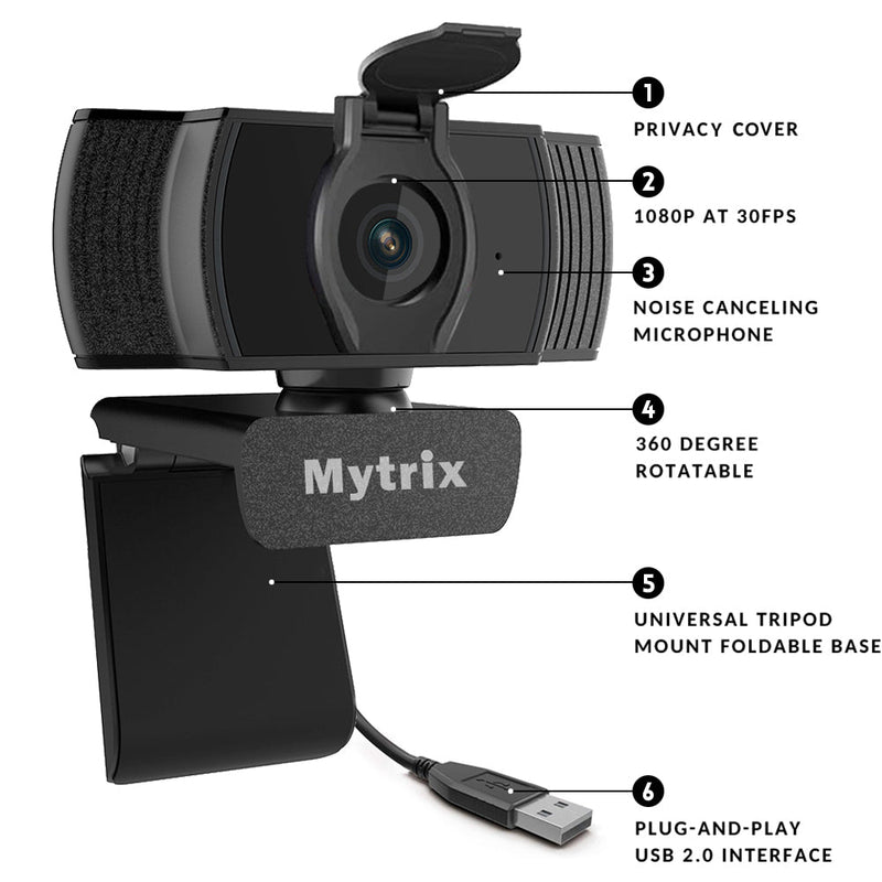 Mytrix Auto Focus Full HD 1080P Webcam with Privacy Cover, Built-in Noise Cancelling Mic, USB Webcam for Windows Mac PC Laptop Desktop Video Calling Conferencing Streaming, Skype Zoom Facebook YouTube Black