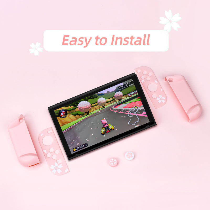 Nintendo Switch OLED Sakura Cherry Pink Protective Shell Case for 2021 Switch OLED, Dockable Anti-Scratch Slim Case with Cherry Joytick Caps
