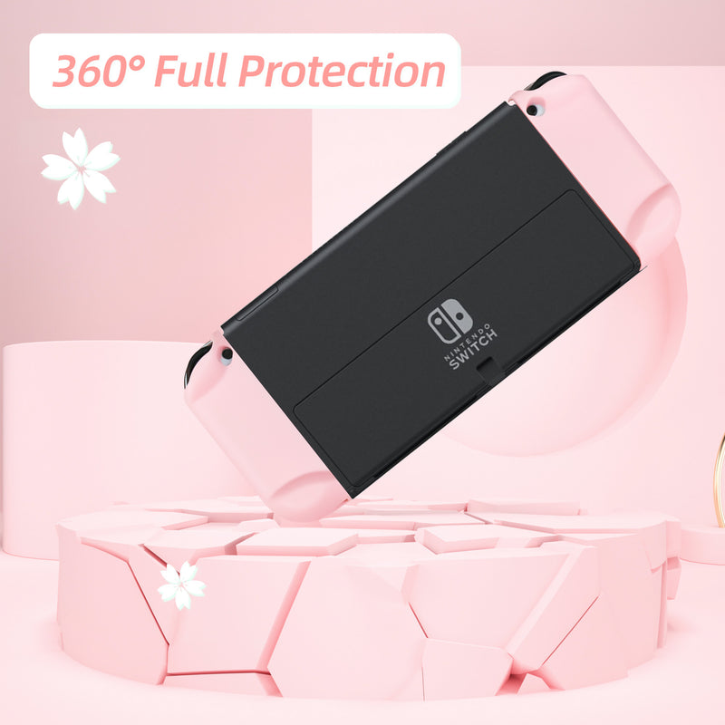 Nintendo Switch OLED Sakura Cherry Pink Protective Shell Case for 2021 Switch OLED, Dockable Anti-Scratch Slim Case with Cherry Joytick Caps