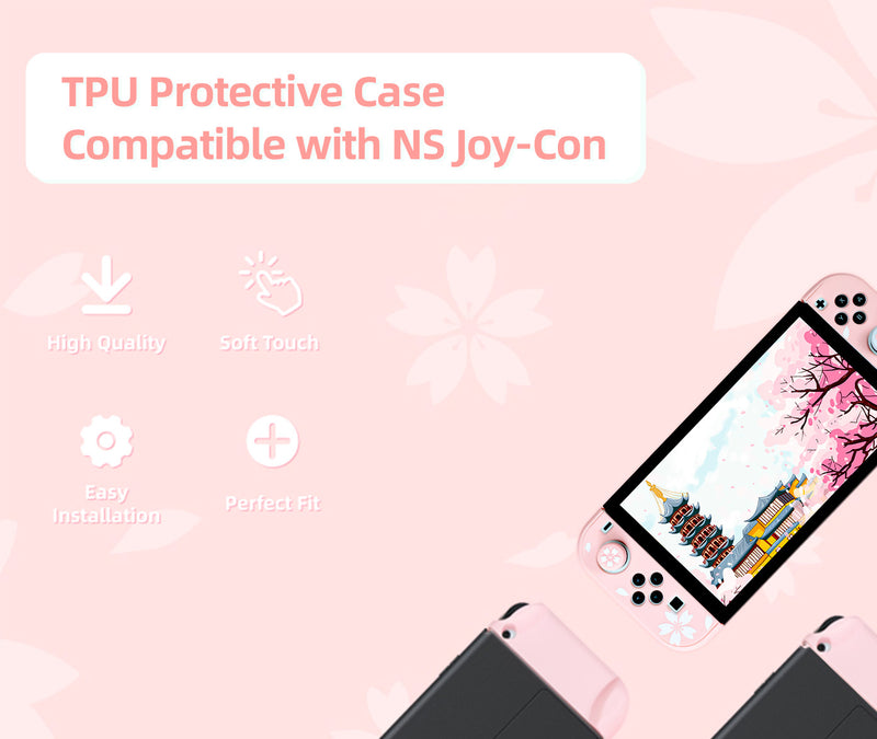 Nintendo Switch OLED Sakura Cherry Pink Protective Shell Case for 2021 Switch OLED, Dockable Anti-Scratch Slim Case with Cherry Joytick Caps