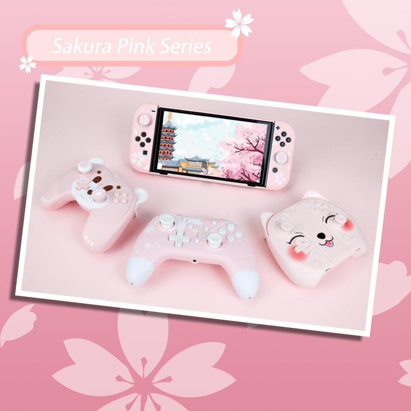 Nintendo Switch OLED Sakura Cherry Pink Protective Shell Case for 2021 Switch OLED, Dockable Anti-Scratch Slim Case with Cherry Joytick Caps